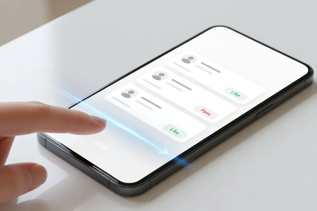 Interface swipe stylisée d'une app de rencontre moderne, doigt qui glisse