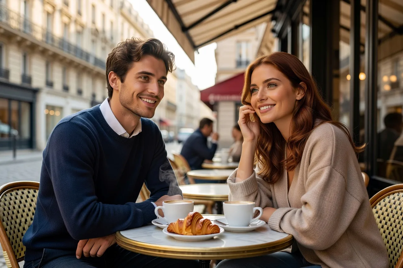 Téléphone montrant une interface d'app de rencontre et couple se rencontrant