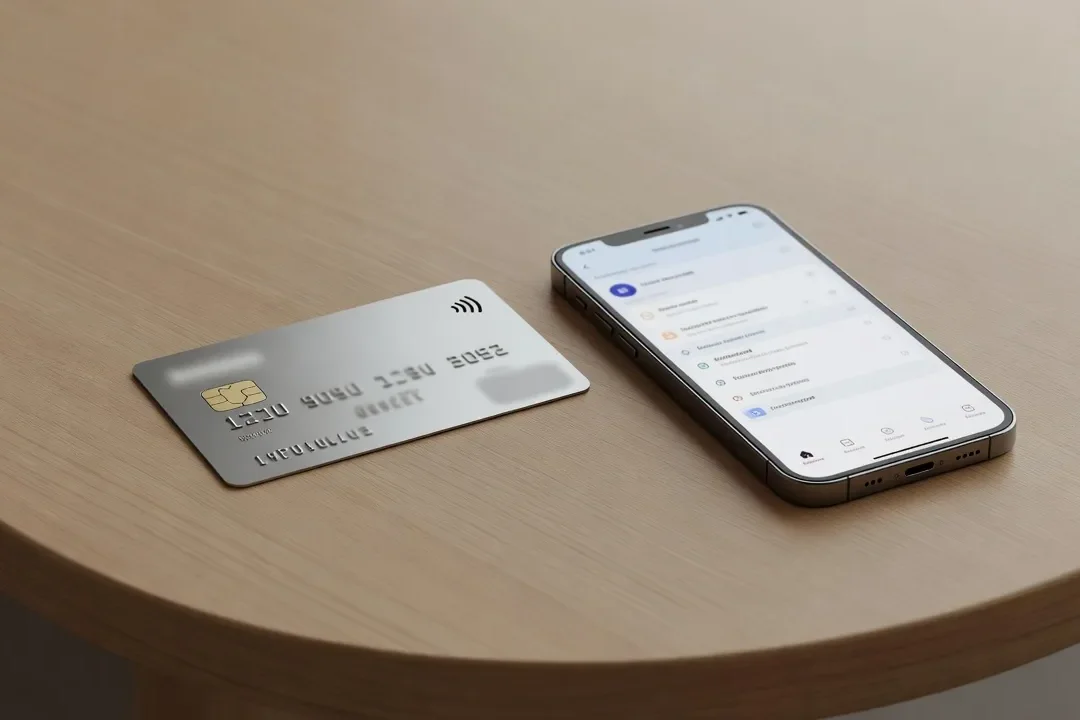Carte bancaire et smartphone posés côte à côte, évoquant la prudence financière en ligne
