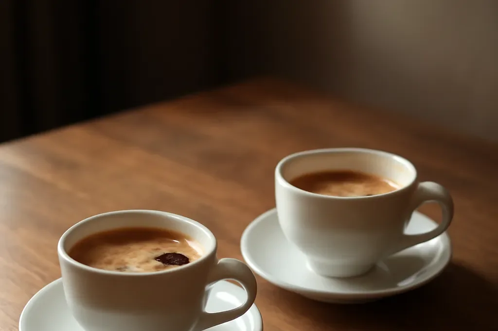 Deux tasses de café sur une table en bois, ambiance sereine et intimiste
