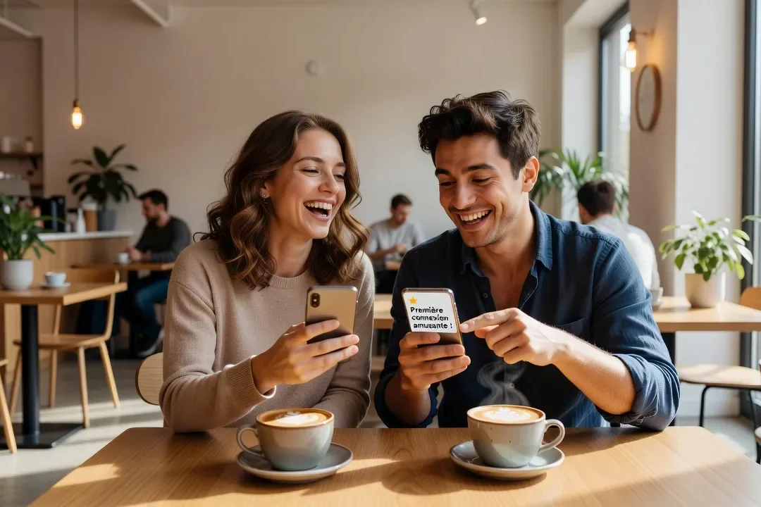 Deux personnes qui rient en consultant leurs téléphones, premier contact amusant dans un café moderne