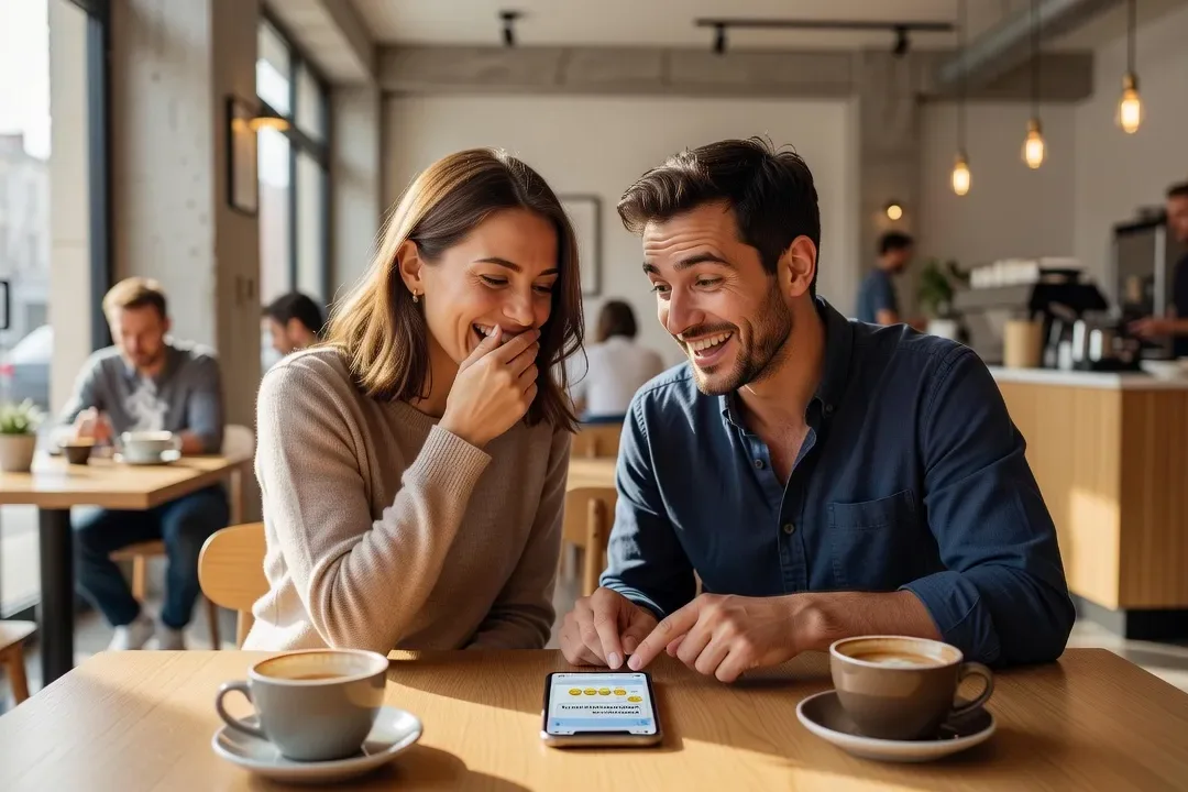 Deux personnes lisant un téléphone ensemble et réagissant avec humour à un message