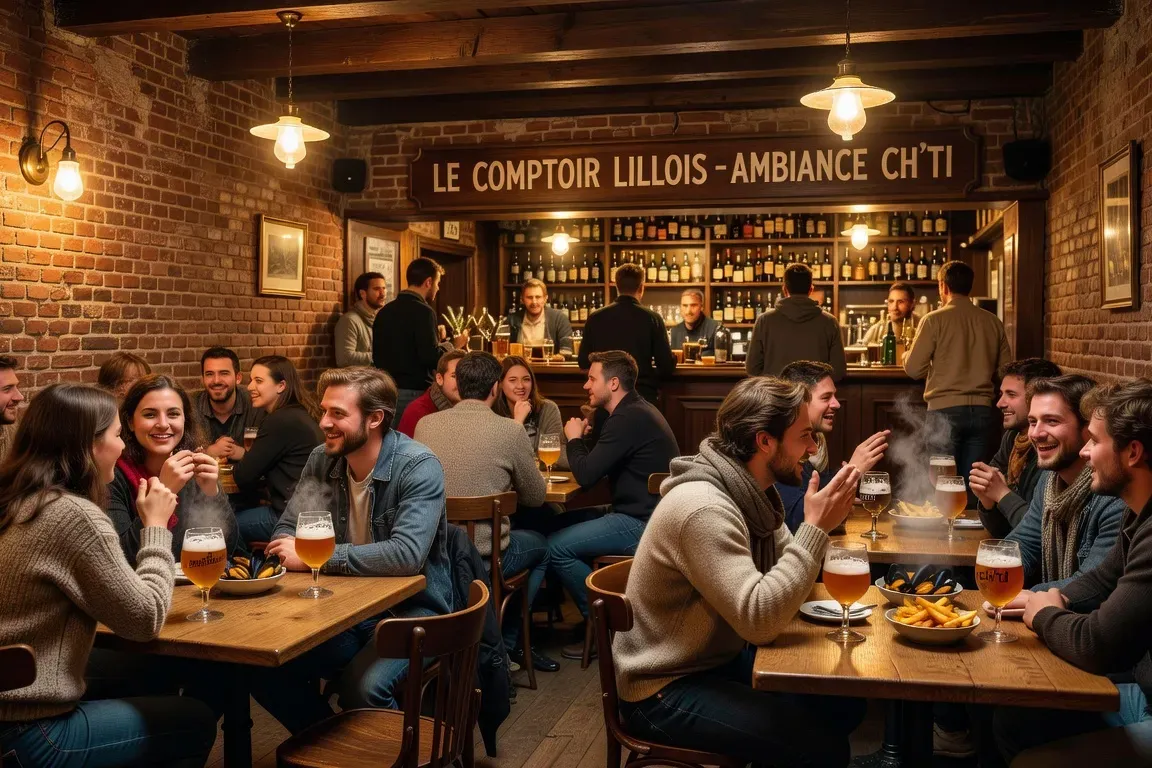 Bar chaleureux du Vieux-Lille, briques rouges, groupes de jeunes, ambiance conviviale