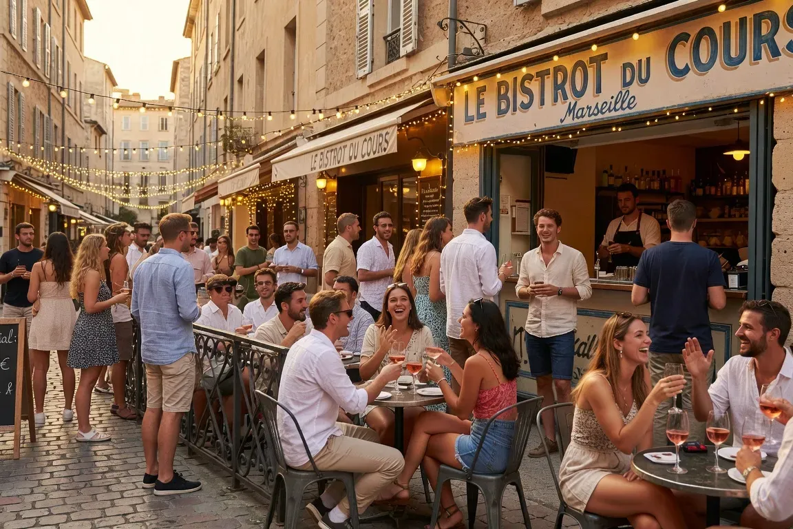 Bar animé du Cours Julien à Marseille, terrasse lumineuse, groupes de jeunes