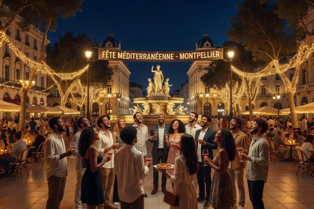 Place de la Comédie à Montpellier de nuit, fontaines illuminées, groupes de jeunes adultes