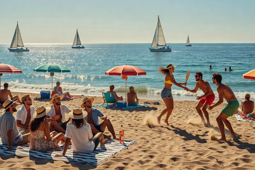 Plage animée de la Côte d'Azur avec groupes de jeunes adultes profitant du soleil méditerranéen