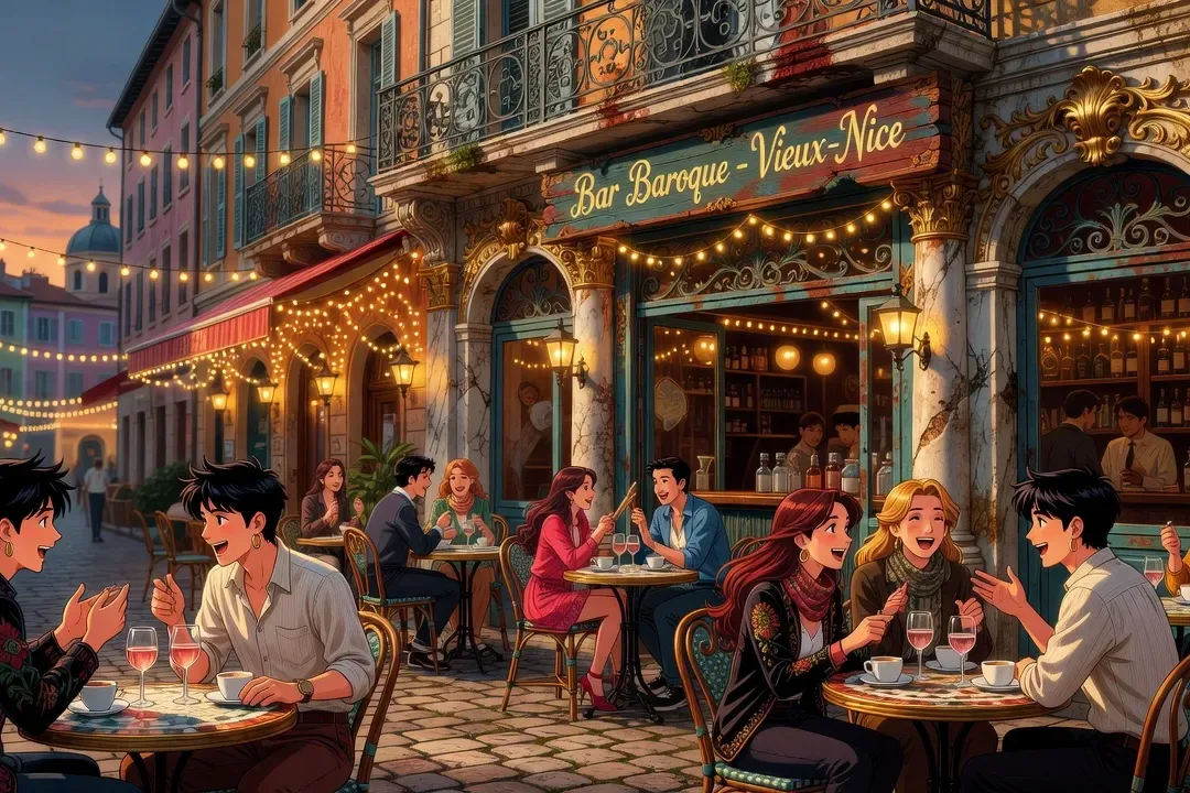 Bar animé dans le Vieux-Nice, terrasse colorée avec lumière chaude de soirée et groupes de célibataires