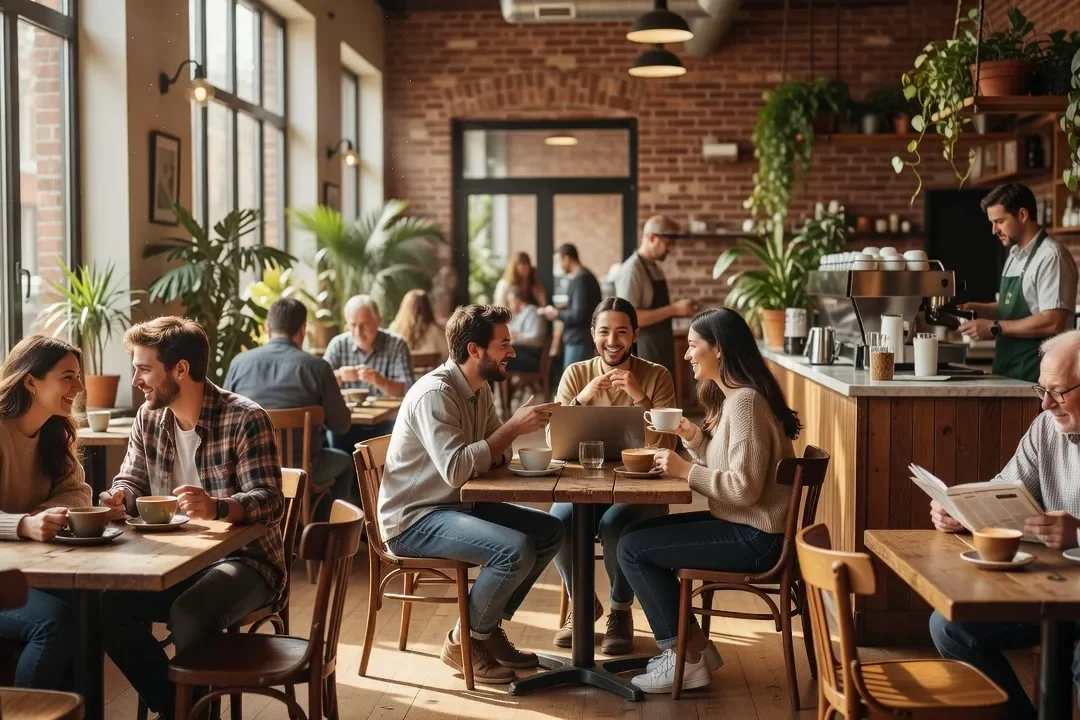 Intérieur d'un café animé et lumineux avec plusieurs clients