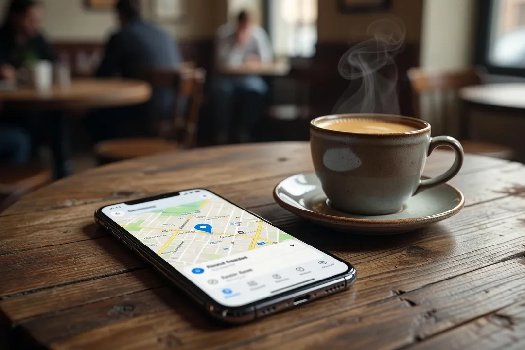 Smartphone affichant une carte de géolocalisation sur une table de café
