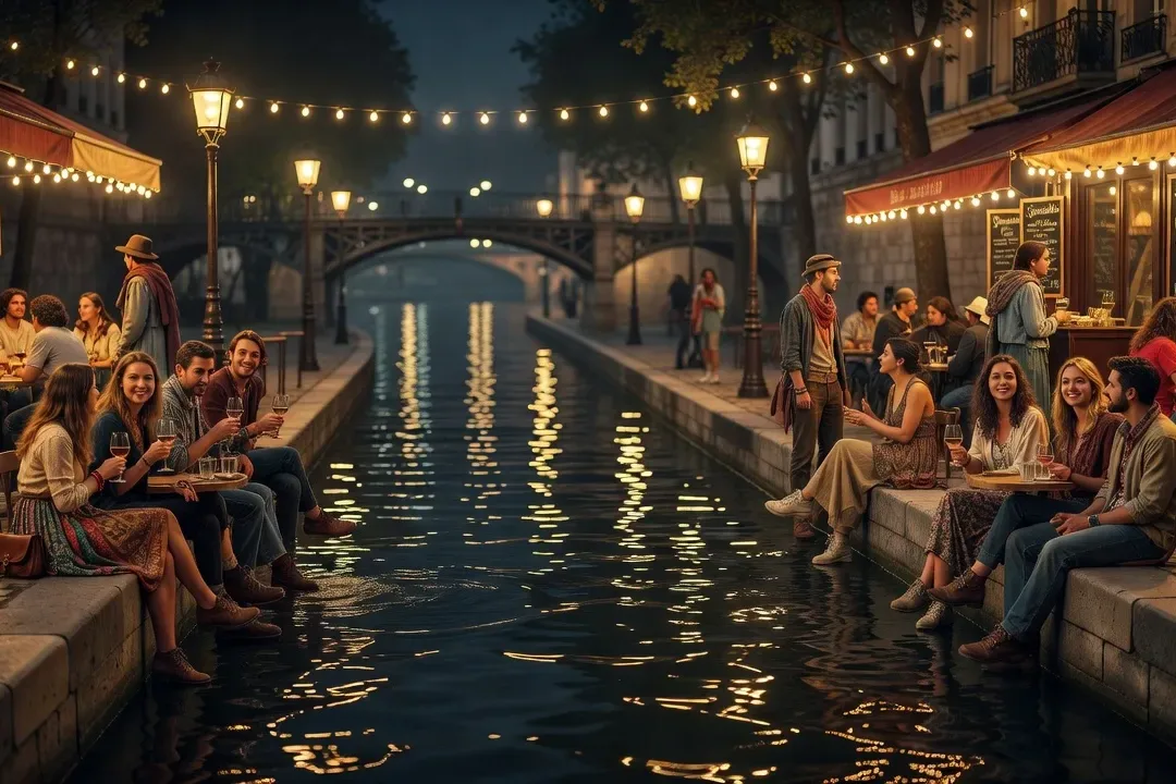 Canal Saint-Martin de nuit, terrasses animées, jeunes adultes discutant en bord de canal