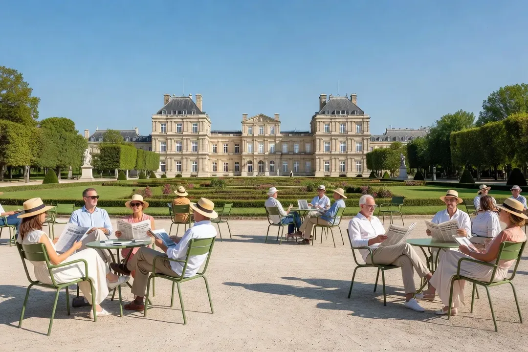 Jardin du Luxembourg par beau temps, couples et célibataires assis dans les chaises vertes