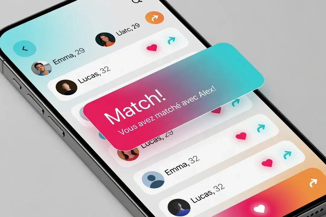 Interface app de rencontre stylisée, notification Match!, design épuré
