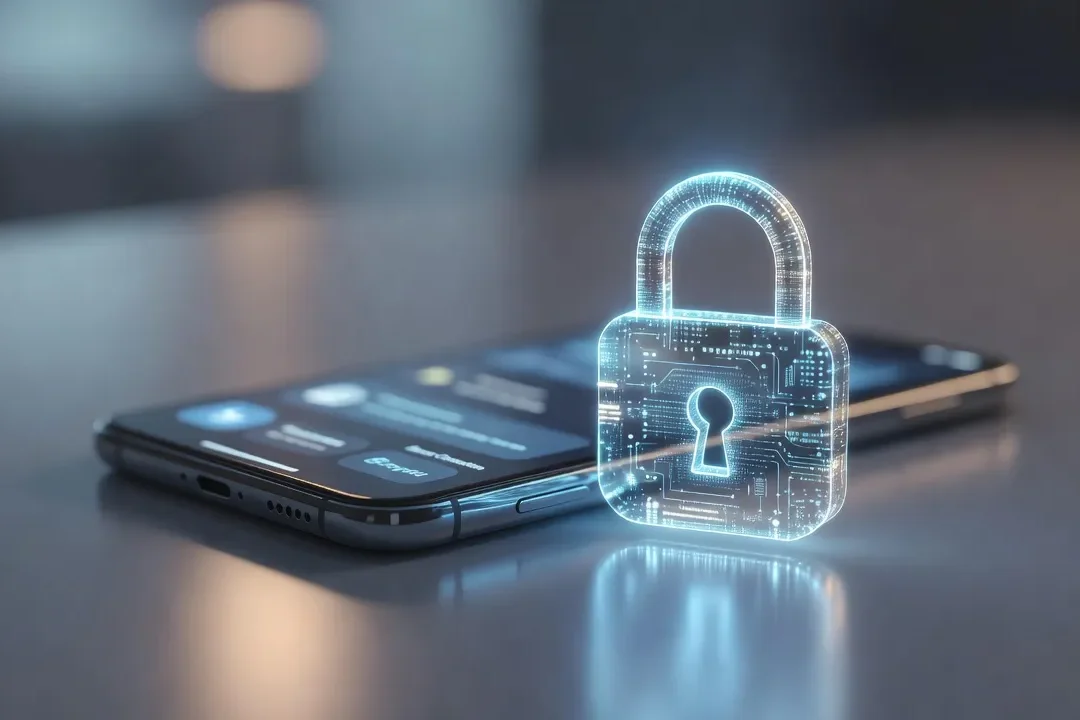 Cadenas numérique lumineux superposé à un smartphone flouté, symbole de protection des données
