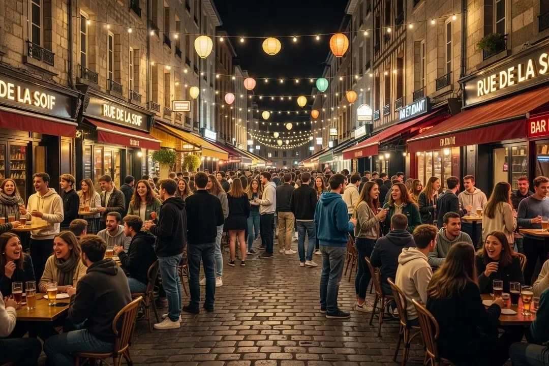 Rue de la Soif à Rennes, soirée animée avec terrasses et groupes de jeunes adultes