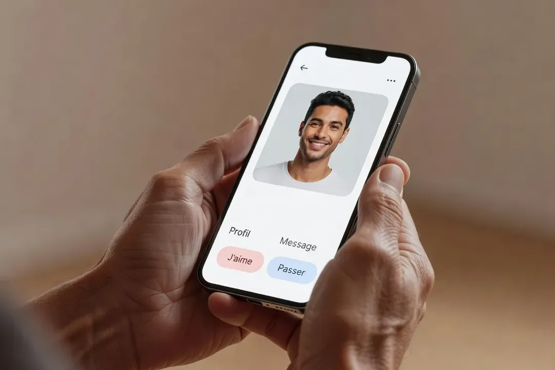Mains de personne mature tenant un smartphone avec interface app de rencontre moderne