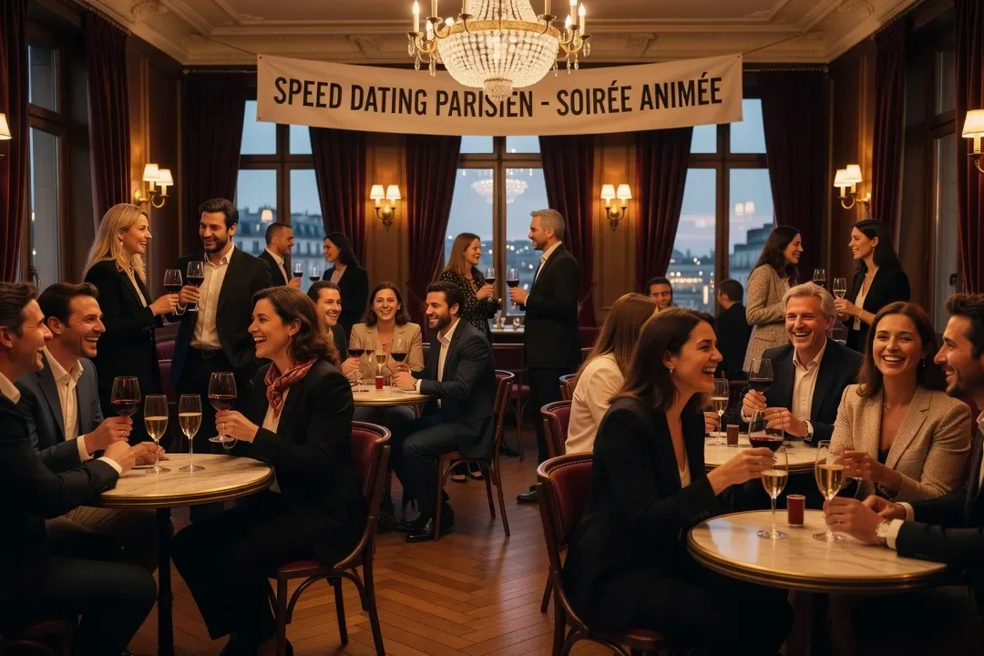 Ambiance festive d'un événement speed dating parisien, participants debout avec verres à la main