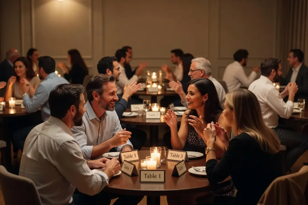 Salle de speed dating bien organisée avec tables rondes, bougies et couples en conversation